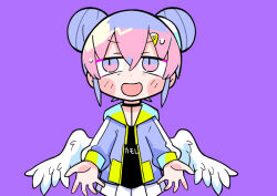 Rule 34 | 1girl, angel wings, beckoning, black choker, black shirt, blush stickers, choker, commentary request, cowboy shot, datenshi-chan (nanawo akari), double bun, feathered wings, furrowed brow, green hood, hair bun, hair ornament, hairclip, hood, hood down, hooded jacket, indie utaite, jacket, long sleeves, looking at viewer, miniskirt, multicolored hair, nanawo akari, nervous smile, open clothes, open jacket, open mouth, outstretched hand, pink eyes, pink hair, pleated skirt, purple background, purple hair, purple jacket, purple sleeves, shirt, short hair, simple background, skirt, smile, solo, straight-on, sweat, terada tera, two-tone hair, utaite, v-shaped eyebrows, white skirt, white wings, wings