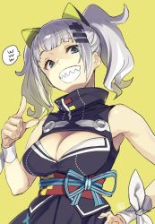 Rule 34 | 1girl, bare arms, breasts, cleavage, cleavage cutout, clothing cutout, dress, hair ornament, hairclip, half-closed eyes, kaguya luna, large breasts, looking at viewer, ribbon, sash, sharp teeth, shimotsuki eight, silver hair, simple background, sleeveless, sleeveless dress, smile, solo, teeth, the moon studio, twintails, upper body, virtual youtuber, yellow background