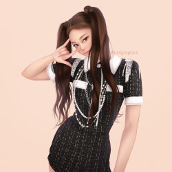 Rule 34 | 1girl, blackpink, brown eyes, brown hair, cowboy shot, dress, jennie (blackpink), jewelry, long hair, looking at viewer, necklace, pearl necklace, short sleeves, simple background, smile, solo, twintails, umigraphics