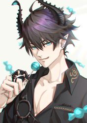 Rule 34 | 1boy, :q, ahoge, artist name, asymmetrical horns, black hair, black horns, black shirt, blue eyes, breast pocket, candy, claw ring, closed mouth, collarbone, collared shirt, commentary, ear piercing, earrings, english commentary, food, hair between eyes, hand up, highres, holding, holding candy, holding food, holding lollipop, horns, jewelry, lollipop, long sleeves, looking at viewer, male focus, ngkhyn, nijisanji, nijisanji en, open clothes, open collar, piercing, pocket, pointy ears, ren zotto, shirt, short hair, signature, smile, solo, tongue, tongue out, uneven horns, upper body, virtual youtuber, white background, wing collar