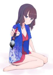Rule 34 | 1girl, bad id, bad pixiv id, bare legs, barefoot, blue eyes, blush, breasts, brown hair, calligraphy brush, cleavage, closed mouth, collarbone, commentary request, dress, fate/grand order, fate (series), floral print, highres, holding, holding paintbrush, jilu, katsushika hokusai (fate), leaning forward, long hair, looking at viewer, medium breasts, paintbrush, red dress, sitting, smile, solo, wariza, white background
