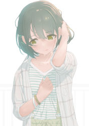 Rule 34 | 1girl, absurdres, blouse, blush, green eyes, hair ornament, tucking hair, hairclip, highres, holding, holding clothes, holding shirt, idolmaster, idolmaster shiny colors, jacket, looking away, looking down, nanakusa nichika, plaid, plaid jacket, shirt, short hair, shorts, simple background, sleeves rolled up, solo, striped clothes, striped shirt, suspender shorts, suspenders, sweatdrop, umirororo, upper body, white background, wristband