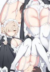 Rule 34 | 1boy, 1girl, :&lt;, alternate footwear, ass, azur lane, bad id, bad pixiv id, black dress, blonde hair, blush, bow, braid, breasts, brown hair, chain, cleavage, closed mouth, clothes lift, clothing aside, collar, cross, cunnilingus, cunnilingus through clothes, dress, dress aside, dress lift, faceless, faceless male, french braid, frilled dress, frills, garter straps, hair bow, hair over one eye, highres, juliet sleeves, kneepits, large breasts, lifting own clothes, long sleeves, looking at another, maid, maid headdress, mary janes, metal collar, open clothes, open dress, oral, panties, poyeop, puffy sleeves, sheffield (azur lane), shoes, simple background, sitting, sitting on face, sitting on person, solo focus, thighhighs, thighs, tsurime, underwear, wedgie, white background, white bow, white panties, white thighhighs, yellow eyes