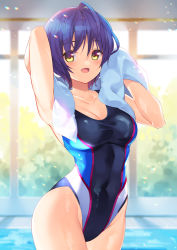 Rule 34 | 1girl, ahoge, arm behind head, arm up, armpits, bare arms, bare shoulders, black one-piece swimsuit, breasts, bucchake (asami), collarbone, commentary request, commission, competition swimsuit, cowboy shot, hand up, looking at viewer, medium breasts, one-piece swimsuit, open mouth, original, pixiv commission, purple hair, short hair, smile, solo, standing, swimsuit, towel, towel around neck, wet, yellow eyes