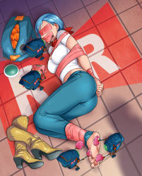 Rule 34 | 1girl, abduction, absurdres, ass, barefoot, bdsm, belly, blindfold, blue hair, bondage, bound, bound ankles, bound wrists, breasts, bulma, cleavage, denim, dragon ball, dragon ball (object), dragon ball super, dragon radar, earrings, feet, gag, gagged, highres, improvised gag, jeans, jewelry, kidnapped, lipstick, lost one zero, makeup, navel, pants, shadow, shirt, shoes, unworn shoes, tape, tape bondage, tape gag, tickling, toes, white shirt
