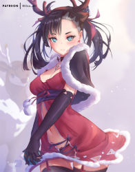Rule 34 | 1girl, antlers, aqua eyes, asymmetrical bangs, asymmetrical hair, bad id, bad pixiv id, black gloves, black hair, black thighhighs, blush, breasts, character name, choker, collarbone, commentary request, cosplay, creatures (company), dress, dusk ball, earrings, elbow gloves, fur trim, game freak, gen 5 pokemon, gloves, hair ornament, hair ribbon, holding, holding poke ball, horns, jewelry, looking at viewer, marnie (pokemon), medium breasts, mitsu (mitsu art), navel, nintendo, open clothes, panties, poke ball, pokemon, pokemon swsh, red dress, red panties, red ribbon, ribbon, sawsbuck, sawsbuck (cosplay), sawsbuck (winter), thighhighs, twintails, underwear