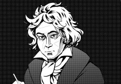 Rule 34 | 1boy, ascot, bad link, black background, commentary, drawfag, english commentary, looking at viewer, ludwig van beethoven, male focus, messy hair, monochrome, portrait, real life, simple background, solo, upper body