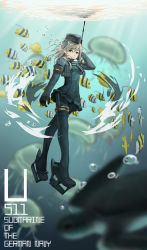 Rule 34 | 10s, 1girl, bad id, bad pixiv id, black thighhighs, blue eyes, blurry, boots, character name, depth of field, fish, gloves, gnity, hat, headgear, jacket, jellyfish, kantai collection, long hair, looking at viewer, ocean, silver hair, solo, submerged, thigh boots, thighhighs, tortoise, turtle, u-511 (kancolle), underwater
