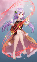 Rule 34 | 1girl, barefoot, biwa lute, blue background, chain, cherry blossoms, dress, flower, full body, gradient background, hair flower, hair ornament, highres, instrument, light purple hair, long hair, long sleeves, looking at viewer, low twintails, lute (instrument), music, musical note, orange eyes, petals, pita (pitaani-223), playing instrument, quaver, smile, solo, touhou, tsukumo benben, twintails