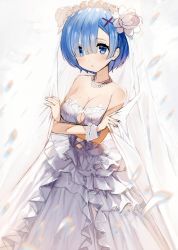 Rule 34 | 10s, 1girl, absurdres, bare shoulders, blue eyes, blue hair, blush, breasts, bridal veil, cleavage, cleavage cutout, clothing cutout, crossed arms, dress, eyes visible through hair, flower, gaou (umaiyo puyoman), hair ornament, hair over one eye, hairband, highres, jewelry, lolita hairband, looking at viewer, medium breasts, necklace, non-web source, parted lips, pearl necklace, re:zero kara hajimeru isekai seikatsu, rem (re:zero), scan, short hair, solo, strapless, strapless dress, veil, wedding dress, white dress, wrist cuffs, x hair ornament