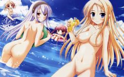 Rule 34 | 4girls, :d, artist request, ass, blonde hair, blue eyes, blunt bangs, breasts, censored, cloud, dolphin, dutch angle, hair ribbon, juice, long hair, looking at viewer, multiple girls, navel, nipples, nude, ocean, open mouth, pink eyes, pink ribbon, pussy, red eyes, ribbon, short hair, sky, smile, twintails, wet, white hair