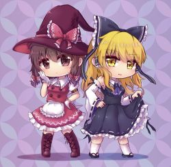 Rule 34 | 2girls, apron, ascot, black bow, black footwear, black ribbon, black shirt, black skirt, blonde hair, boots, bow, braid, breasts, brown eyes, brown footwear, brown hair, buttons, chibi, collared shirt, color switch, commentary, cosplay, costume switch, detached sleeves, frilled bow, frilled hair tubes, frills, full body, gloves, hair bow, hair tubes, hakurei reimu, hakurei reimu (cosplay), hand on own face, hand on own hip, hat, hat bow, highres, japanese clothes, kirisame marisa, kirisame marisa (cosplay), long hair, looking at viewer, medium hair, multiple girls, nontraditional miko, open mouth, puffy short sleeves, puffy sleeves, purple ascot, red bow, red headwear, red shirt, red skirt, red vest, ribbon, ribbon-trimmed clothes, ribbon-trimmed skirt, ribbon-trimmed sleeves, ribbon trim, sandals, shippou (pattern), shippou background, shirt, short sleeves, skirt, smile, socks, touhou, twin braids, unime seaflower, vest, waist apron, white gloves, white legwear, white ribbon, white shirt, white sleeves, wide sleeves, witch hat, yellow eyes, zouri