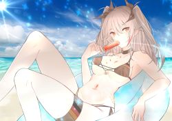 Rule 34 | 1girl, absurdres, antenna hair, armpits, azur lane, bare arms, bare legs, bare shoulders, beach, bikini, black bikini, black choker, black ribbon, blush, breasts, brown eyes, choker, cleavage, cloud, eating, feet out of frame, flag print, food, food on body, german flag, german flag bikini, hair between eyes, hair ribbon, highres, holding, holding food, innertube, lens flare, looking at viewer, lying, medium breasts, melting, mole, mole on breast, multicolored hair, navel, ocean, on back, platinette, popsicle, prinz eugen (azur lane), prinz eugen (unfading smile) (azur lane), red hair, ribbon, shore, side-tie bikini bottom, silver hair, solo, stomach, streaked hair, sun, sunlight, swim ring, swimsuit, thigh strap, thighs, tsurime, two side up, underboob, water
