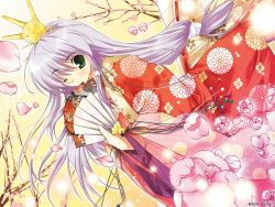 Rule 34 | 00s, 1girl, 2005, asa no ha (pattern), blue hair, character request, cherry blossoms, crown, dutch angle, hand fan, feena fam earthlight, female focus, flower, folding fan, green eyes, hair ornament, hanairi kikkou, hat, heian, hexagon, highres, honeycomb pattern, japanese clothes, karaginu mo, kikumon, kimono, layered clothes, layered kimono, light purple hair, long hair, mikeou, one eye closed, petals, solo, tiara, wink, yoake mae yori ruri iro na