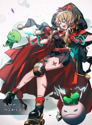 Rule 34 | bandaid, bandaid on face, belt, black shirt, black shorts, blush, boots, dungeon and fighter, closed eyes, frog, gloves, ikki the vikki, kasy, knee guards, open mouth, outstretched arms, red gloves, ribbon, shirt, shorts, smile, spread arms, teeth, white background