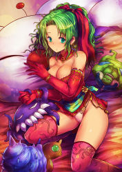 Rule 34 | 1990s (style), 1girl, :o, bare shoulders, blush, breasts, character doll, choker, cleavage, earrings, elbow gloves, final fantasy, final fantasy vi, gloves, green eyes, green hair, hair ribbon, humbaba, jewelry, kara (color), large breasts, long hair, looking at viewer, lying, matching hair/eyes, monster, moogle, on back, panties, pillow, pink panties, ponytail, print thighhighs, retro artstyle, ribbon, shiny skin, skindentation, solo, tentacles, thighhighs, tina branford, ultros, underwear, ymir (ff6)