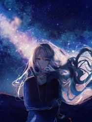 Rule 34 | 1girl, absurdres, backlighting, banbiiiino0303, blue background, blue eyes, blue jacket, blue theme, closed mouth, collarbone, commentary request, floating hair, grey hair, hand on own arm, highres, jacket, long hair, long sleeves, looking at viewer, milky way, mountainous horizon, night, night sky, outdoors, project sekai, sky, solo, standing, star (sky), starry sky, track jacket, upper body, very long hair, white hair, yoisaki kanade