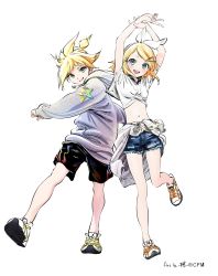 1boy, 1girl, alternate costume, arms up, bare legs, black sailor collar, black shorts, blonde hair, breasts, clothes around waist, clothes writing, commentary request, copyright name, crop top, crypton future media, denim, denim shorts, dot nose, feet up, fingernails, full body, green eyes, grey hoodie, grin, hair ornament, hair ribbon, hairclip, high ponytail, highres, hiro (dismaless), hood, hood down, hoodie, jacket, jacket around waist, kagamine len, kagamine rin, light blush, looking at viewer, midriff, navel, official art, open mouth, ribbon, round teeth, sailor collar, shoes, short hair, short shorts, short sleeves, shorts, side-by-side, signature, simple background, small breasts, smile, sneakers, standing, standing on one leg, star (symbol), star hair ornament, tareme, teeth, upper teeth, v, vocaloid, white background, white footwear, white jacket, white ribbon