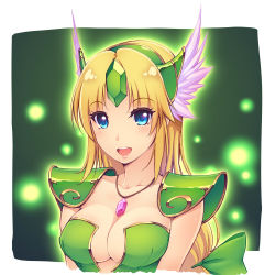 Rule 34 | 144 (riesztan), 1girl, armor, arms at sides, blue eyes, blush, border, bow, breasts, cleavage, collarbone, dress, eyebrows, fireflies, gem, green background, green bow, green dress, green gemstone, hair bow, hairband, head wings, jewelry, long hair, medium breasts, necklace, open mouth, parted bangs, pauldrons, pendant, portrait, red gemstone, riesz, round teeth, seiken densetsu, seiken densetsu 3, shoulder armor, shoulder pads, sidelocks, simple background, solo, tareme, teeth, upper body, white border, wings