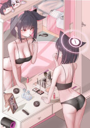 &gt;_&lt; 1girl :3 absurdres after-school_sweets_club_(blue_archive) airi_(band)_(blue_archive) airi_(blue_archive) animal_ears applying_lipstick applying_makeup ass back bare_arms bare_shoulders black_choker black_hair black_panties blue_archive blunt_bangs blunt_ends blush blush_stickers bob_cut breasts butt_crack cat_ears cat_girl character_doll choker cleavage collarbone colored_inner_hair commentary cosmetics curvy dimples_of_venus extra_ears feet_out_of_frame fingernails from_above hair_behind_ear halo highres holding holding_lipstick_tube indoors kazusa_(band)_(blue_archive) kazusa_(blue_archive) lace lace-trimmed_panties lace_trim large_breasts leaning_forward lipstick_tube looking_at_mirror mirror multicolored_hair natsu_(band)_(blue_archive) natsu_(blue_archive) official_alternate_costume panties parted_lips photo_(object) pink_hair pink_halo red_eyes reflection reisa_(blue_archive) shirt short_hair skirt solo standing straight_hair t-shirt tsurime underwear underwear_only unworn_shirt unworn_skirt v v_over_eye white_shirt yoonge_a yoshimi_(band)_(blue_archive) yoshimi_(blue_archive)