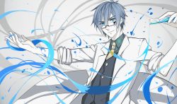 Rule 34 | 1boy, aqua eyes, blue hair, glasses, highres, kaito (vocaloid), lab coat, looking at viewer, male focus, necktie, science, smile, solo, test tube, vocaloid, waistcoat, yellow necktie