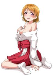 Rule 34 | \||/, bad id, bad twitter id, bare shoulders, blush, breasts, brown hair, cleavage, clothes down, commentary request, hakama, hakama skirt, highres, japanese clothes, koizumi hanayo, large breasts, long sleeves, looking back, love live!, love live! school idol project, miko, no shoes, open mouth, purple eyes, red hakama, short hair, simple background, sitting, skirt, solo, tabi, wariza, white background, white legwear, yopparai oni