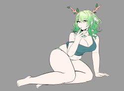 Rule 34 | 1girl, absurdres, antlers, barefoot, belly, braid, braided bangs, breasts, brown eyes, camisole, ceres fauna, cleavage, green camisole, green hair, green nails, green panties, grey background, hair behind ear, highres, hololive, hololive english, horns, large breasts, looking at viewer, medium hair, nail polish, navel, panties, peagade, plump, single braid, solo, sparkle earrings, underwear, underwear only, virtual youtuber, yellow eyes