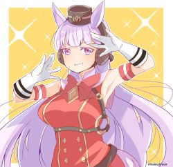 Rule 34 | 1girl, animal ears, armband, blunt bangs, border, bow, bowtie, commentary, dress, gloves, gold ship (umamusume), grin, headgear, high collar, highres, horse ears, horse girl, horse tail, long hair, looking at viewer, namatyoco, outside border, pillbox hat, purple eyes, red bow, red bowtie, red dress, short dress, silver hair, smile, solo, standing, tail, twitter username, umamusume, upper body, white border, white gloves, yellow background