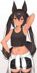 Rule 34 | 1girl, :3, animal ears, arm behind head, arm up, armpits, bare arms, bare shoulders, black gloves, black hair, black shirt, black shorts, black thighhighs, blush, breasts, brown eyes, clothes around waist, collarbone, cowboy shot, crop top, crop top overhang, dark-skinned female, dark skin, fingerless gloves, fox ears, fox tail, gloves, gradient background, groin, hair between eyes, hand on own hip, jacket, jacket around waist, long hair, long sleeves, looking at viewer, mathew (srmmk mce), midriff, navel, original, shirt, short shorts, shorts, sidelocks, small breasts, smile, solo, standing, stomach, tail, tank top, thighhighs, twintails, white jacket