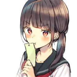 Rule 34 | 1girl, :t, bad id, bad twitter id, black sailor collar, blunt bangs, blush, brown hair, closed mouth, collarbone, commentary request, holding, long hair, looking at viewer, midorikawa you, original, pout, red eyes, sailor collar, school uniform, serafuku, shirt, simple background, solo, tanabata, tanzaku, twintails, upper body, v-shaped eyebrows, white background, white shirt