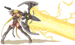 Rule 34 | 00s, 1girl, adapted costume, aged up, alternate weapon, angry, armor, bardiche (nanoha), bardiche (zanber form) (nanoha), blonde hair, breasts, energy sword, fate testarossa, fate testarossa (true sonic form), gauntlets, huge weapon, large breasts, long hair, lyrical nanoha, mahou shoujo lyrical nanoha, mahou shoujo lyrical nanoha a&#039;s, mahou shoujo lyrical nanoha strikers, nekomamire, red eyes, solo, sword, thighhighs, twintails, very long hair, weapon