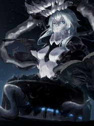 Rule 34 | 1girl, abyssal ship, blue eyes, bodysuit, bowl, breasts, cake, food, glowing, glowing eyes, headgear, highres, holding, holding bowl, i-coat, kantai collection, long hair, medium breasts, pale skin, silver hair, solo, tentacle hold, tentacles, wo-class aircraft carrier