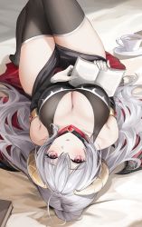 Rule 34 | 1girl, absurdres, bare shoulders, black sleeves, black thighhighs, book, breasts, cleavage, detached sleeves, gloves, hair between eyes, highres, horns, knees up, large breasts, lillly, long hair, looking at viewer, lying, on back, open book, original, parted lips, red eyes, sidelocks, solo, thighhighs, thighs, upside-down, white gloves, white hair