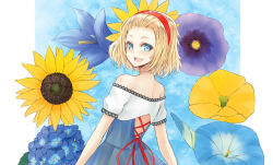 Rule 34 | 1girl, :d, alice margatroid, alternate costume, bare shoulders, blonde hair, blue eyes, dress, female focus, flower, forehead, from behind, hydrangea, looking back, nabeshima tetsuhiro, open mouth, short hair, smile, solo, sunflower, touhou