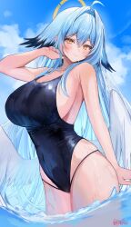 Rule 34 | 1girl, ahoge, arm up, artist name, bare arms, bare shoulders, blue hair, blue one-piece swimsuit, blue sky, breasts, closed mouth, cloud, cloudy sky, commentary, covered navel, double-parted bangs, feathered wings, hair intakes, halo, highres, large breasts, long hair, looking at viewer, low wings, one-piece swimsuit, original, sky, smile, solo, swimsuit, symbol-only commentary, twitter username, very long hair, wading, wet, wet clothes, wet face, wet swimsuit, white wings, wings, yellow eyes, yellow halo, yuniiho