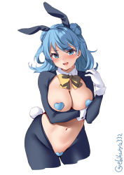 Rule 34 | 1girl, animal ears, blue eyes, blue hair, blush, breasts, cleavage, cropped legs, detached collar, double bun, doughnut hair bun, ebifurya, fake animal ears, gloves, groin, hair bun, heart pasties, highres, kantai collection, large breasts, medium hair, meme attire, navel, one-hour drawing challenge, open mouth, pasties, rabbit ears, rabbit tail, reverse bunnysuit, reverse outfit, simple background, solo, tail, twitter username, urakaze (kancolle), white background, white gloves