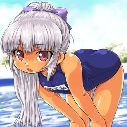 Rule 34 | 1girl, 3.1-tan, bad id, bad pixiv id, bent over, blue one-piece swimsuit, blush, child, dd (ijigendd), hair ribbon, long hair, ocean, one-piece swimsuit, os-tan, pink eyes, ribbon, school swimsuit, silver hair, solo, swimsuit