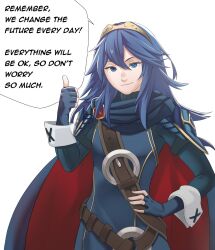 Rule 34 | 1girl, blue eyes, blue hair, cape, english text, fingerless gloves, fire emblem, fire emblem awakening, flat chest, gloves, hair between eyes, highres, long hair, long sleeves, looking at viewer, lucina (fire emblem), nintendo, pomelomelon, smile, solo, symbol-shaped pupils, thumbs up, tiara, white background