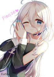 Rule 34 | 1girl, ;), aties20, bare shoulders, black choker, black dress, black sleeves, blue eyes, blue nails, blush, braid, choker, closed mouth, commentary request, detached sleeves, dress, dutch angle, english text, hair between eyes, hair ornament, hairclip, hands up, ia (vocaloid), long hair, long sleeves, looking at viewer, nail polish, one eye closed, own hands together, simple background, sleeveless, sleeveless dress, smile, solo, twin braids, very long hair, vocaloid, white background, white hair