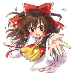 Rule 34 | 1girl, :d, ascot, bow, brown hair, cherry blossoms, collarbone, detached sleeves, hair between eyes, hair bow, hair tubes, hakurei reimu, long hair, long sleeves, looking at viewer, lowres, moriya ako, open mouth, outstretched arm, petals, red bow, red eyes, ribbon-trimmed sleeves, ribbon trim, simple background, smile, solo, touhou, white background, wide sleeves, yellow ascot