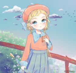 Rule 34 | 1girl, artist name, blonde hair, blue bow, blue collar, blue eyes, blue skirt, blue sky, blue umbrella, bow, bush, buttons, child, cityscape, closed mouth, cloud, collar, collared shirt, commentary, day, drink, drinking straw, english commentary, eyelashes, eyeshadow, flock, frown, hair bow, hat, high-waist skirt, holding, holding drink, holding umbrella, juice box, kikkidream, light blush, long hair, long sleeves, looking at viewer, low twintails, makeup, original, outdoors, pink eyeshadow, plant, polka dot, polka dot umbrella, railing, red hat, red shirt, shirt, skirt, sky, solo, straight hair, striped, striped bow, thick eyebrows, twintails, two-tone bow, two-tone collar, umbrella, vertical-striped collar, white bow, white collar