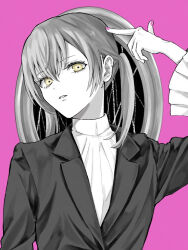 Rule 34 | 1girl, akuma no odorikata (vocaloid), azusawa kohane, commentary request, lapels, long sleeves, looking at viewer, mikeimikei, notched lapels, parted lips, partial commentary, pink background, pink nails, pointing, project sekai, short twintails, simple background, solo, twintails, upper body, yellow eyes