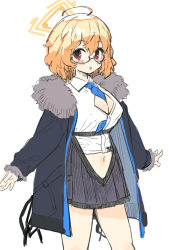 1girl :o ahoge asymmetrical_eyewear between_breasts black_coat blonde_hair blue_archive blue_necktie breasts cleavage coat cowboy_shot dress_shirt fur-trimmed_sleeves fur_collar fur_trim glasses grey_skirt hair_between_eyes halo kotori_(blue_archive) large_breasts long_sleeves looking_to_the_side navel necktie necktie_between_breasts open_clothes open_coat open_mouth pleated_skirt red_eyes semi-rimless_eyewear shirt short_hair simple_background skirt solo under-rim_eyewear white_background white_shirt youhei_64d