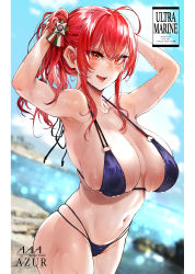 Rule 34 | 1girl, ahoge, armpits, arms behind head, arms up, azur lane, bare shoulders, bikini, black bikini, blue sky, blush, breasts, cleavage, collarbone, hair ornament, hair ribbon, highres, large breasts, long hair, looking at viewer, navel, official alternate costume, open mouth, red eyes, red hair, ribbon, side ponytail, sidelocks, signo aaa, sky, smile, solo, swimsuit, thighs, wet, zara (azur lane), zara (poolside coincidence) (azur lane)