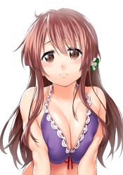 Rule 34 | 10s, 1girl, ahoge, bare arms, bare shoulders, bikini, breasts, breasts squeezed together, brown eyes, brown hair, collarbone, commentary request, covered erect nipples, flower, frown, hair flower, hair ornament, large breasts, long hair, looking at viewer, onsoku inu, purple bikini, raised eyebrows, red ribbon, ribbon, ribbon-trimmed clothes, ribbon trim, sakura quest, shinomiya shiori, shiny skin, sidelocks, simple background, solo, swimsuit, tareme, upper body, white background