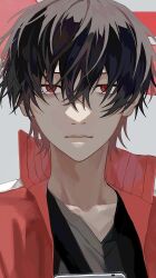 Rule 34 | 1boy, 510 gotoudayo, black hair, black shirt, cellphone, closed mouth, frown, grey background, hair over eyes, highres, jacket, kagerou project, kisaragi shintarou, looking at viewer, male focus, phone, portrait, red eyes, red jacket, shirt, short hair, solo, v-neck