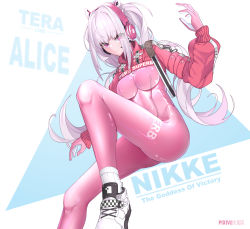 Rule 34 | 1girl, absurdres, alice (nikke), arm up, bodysuit, breasts, character name, closed mouth, copyright name, foot out of frame, gloves, goddess of victory: nikke, headphones, headset, highres, light blush, long hair, long sleeves, looking at viewer, medium breasts, pink bodysuit, pink gloves, pixiv username, purple eyes, shitsurakuen (paradise lost), shoes, simple background, sitting, skin tight, smile, sneakers, socks, solo, thighs, tight clothes, twintails, white footwear, white hair, white socks