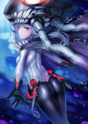 Rule 34 | 10s, 1girl, abyssal ship, ass, bodysuit, cape, gloves, gradient background, highres, kantai collection, long hair, mizuya nao, red eyes, silver hair, solo, wo-class aircraft carrier