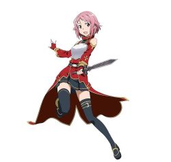Rule 34 | 1girl, armor, black skirt, black thighhighs, breastplate, cosplay, dagger, fingerless gloves, full body, gloves, hair ornament, highres, holding, holding weapon, knife, lisbeth (sao), long hair, looking at viewer, official art, open mouth, pink eyes, pink hair, pleated skirt, red gloves, short hair, silica, silica (cosplay), simple background, skirt, smile, solo, sword art online, sword art online: code register, thighhighs, weapon, white background, zettai ryouiki