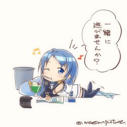 Rule 34 | 1girl, black thighhighs, blue eyes, blue hair, book, bucket, chibi, drinking, elbow gloves, full body, gloves, hand on own cheek, hand on own face, kantai collection, looking at viewer, lying, mae (maesanpicture), nintendo, nintendo switch, on stomach, one eye closed, pillow, reading, samidare (kancolle), school uniform, serafuku, shirt, simple background, sleeveless, sleeveless shirt, solo, swept bangs, thighhighs, twitter username, white background